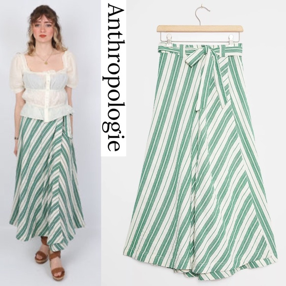 Anthropologie Maeve Green White Striped Full Wrap Maxi Skirt Cottagecore Boho 00 - Picture 1 of 9